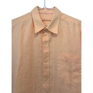 Tommy Bahama 100% Linen Shirt Men L Peach  Long Sleeve Decorative Top Stitching